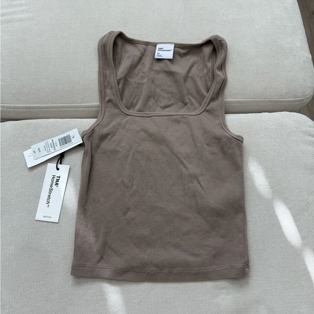 TNA aritzia squareneck waist tank in go nomad taupe